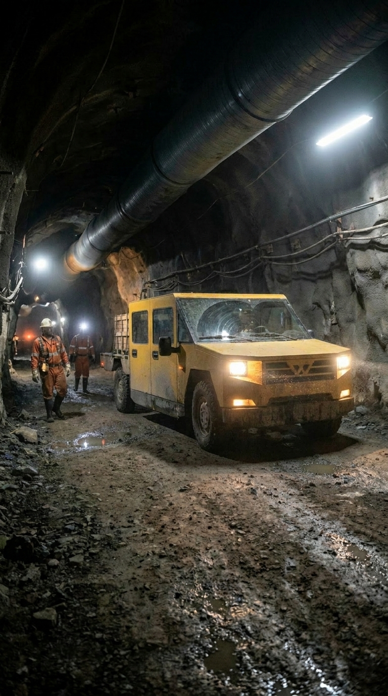 Kentus personnel carrier in an underground hard-rock drift, four views
