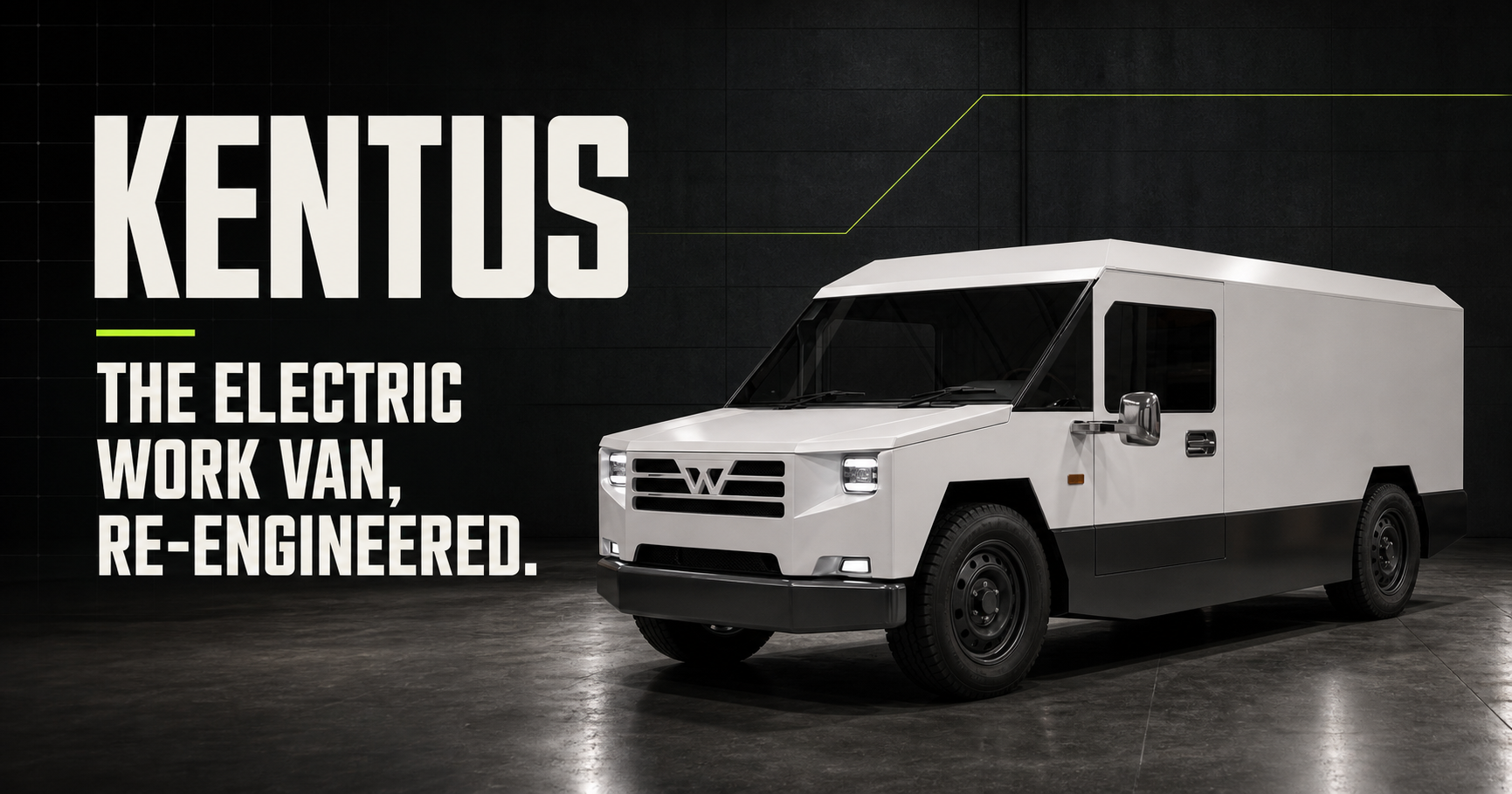 Kentus electric work van in a graphite studio with the message: The electric work van, re-engineered